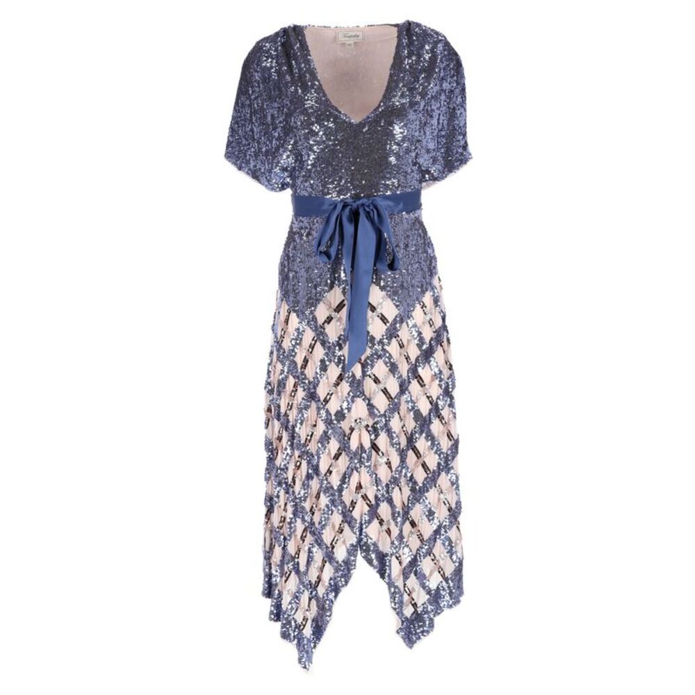 Temperley London Akiko Belted Sequined Midi Dress in Blue Nylon